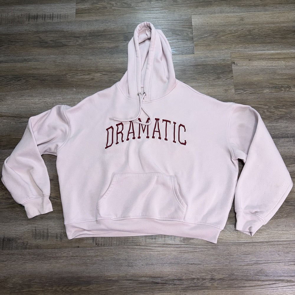 Orange Kiss Light Pink Cropped Pullover Hoodie Womens M "DRAMATIC" Spell-Out